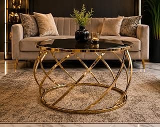 LION HOME Round Coffee Table 75cm – Black Glass Top